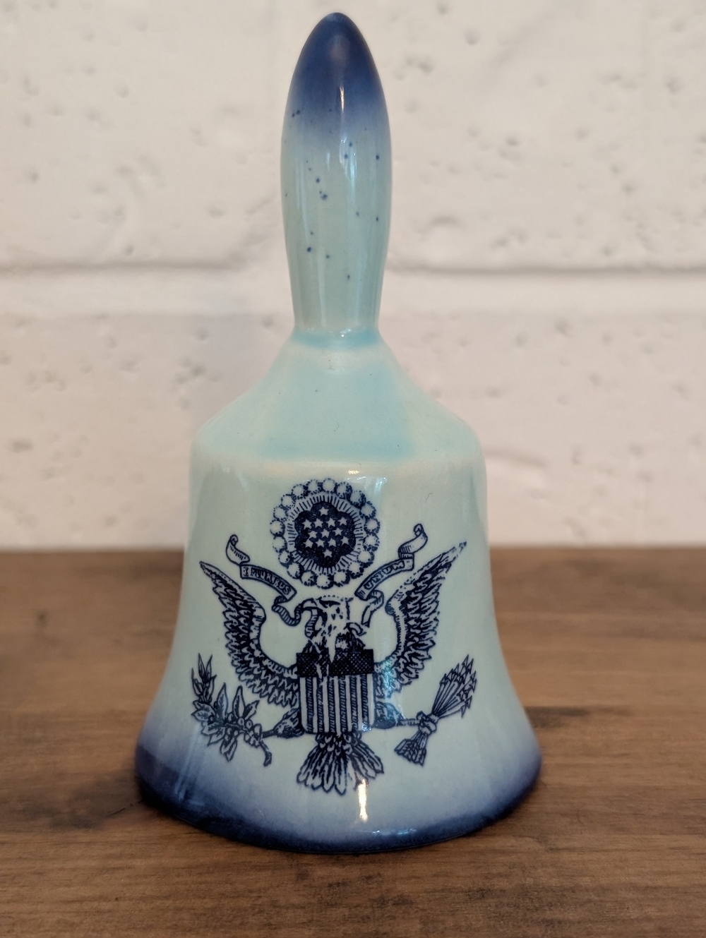Vintage Blue Gradient Ceramic Hand Bell with Eagle Motif - E Pluribus Unum